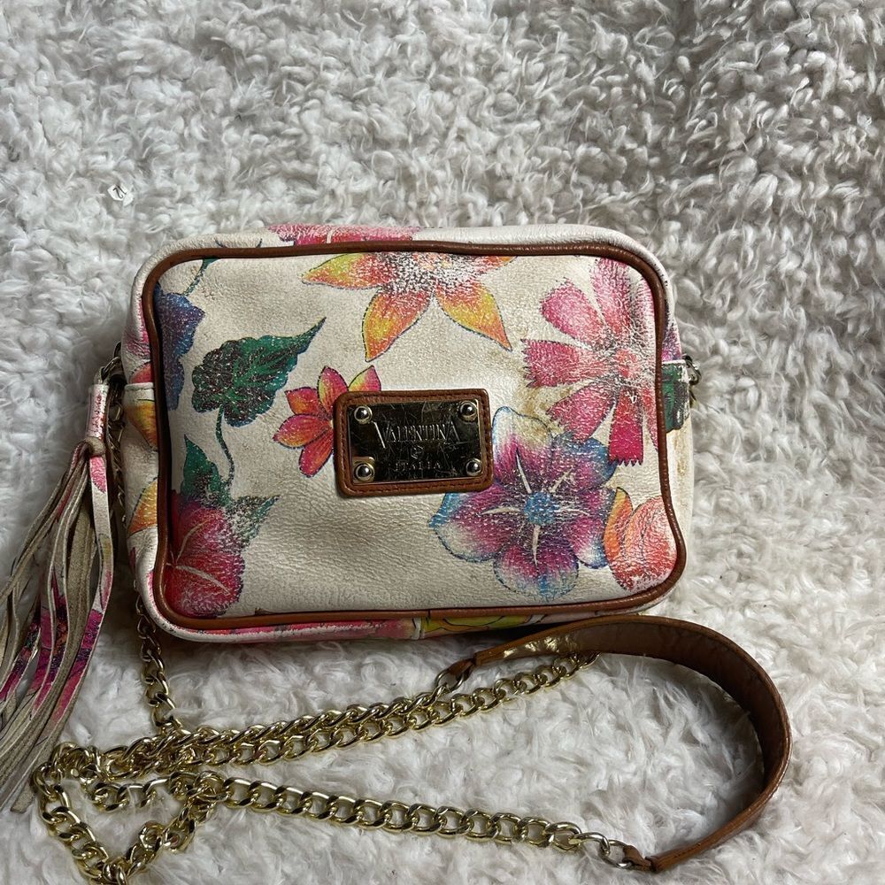 Valentina leather off white painted multi color floral crossbody bag .